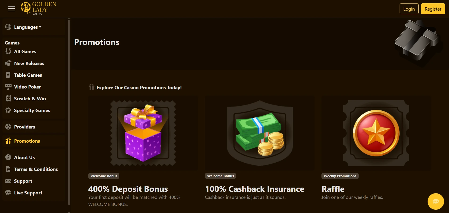 Golden Lady bonus section with the welcome offers