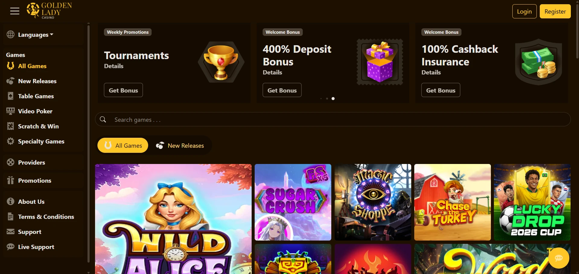 Golden Lady Casino home page on a desktop screen