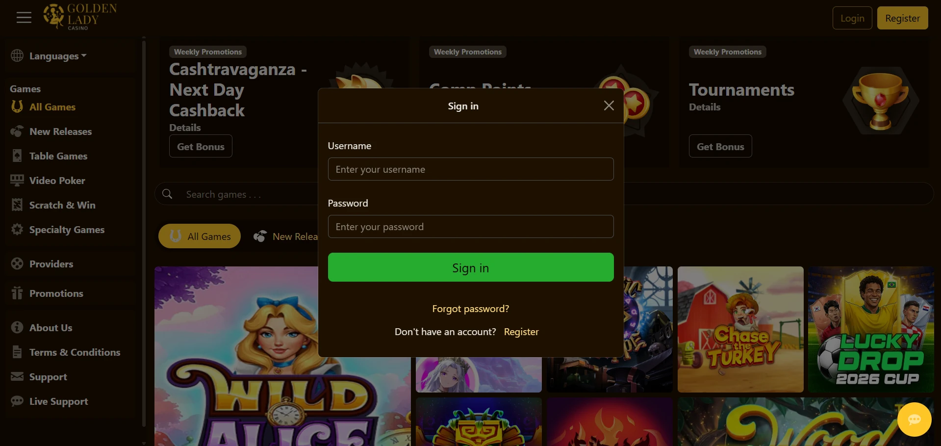 Golden Lady Casino login form