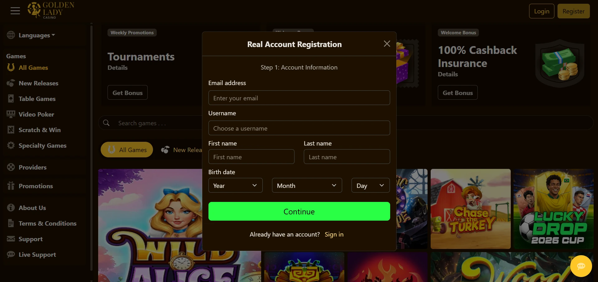 Golden Lady registration form